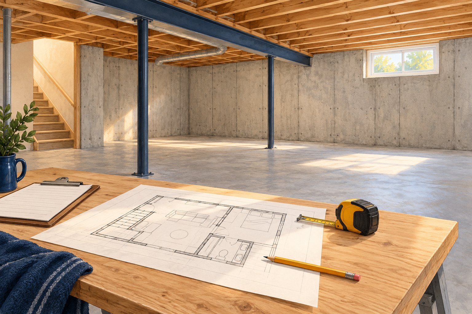Illustration of an unfinished basement with floor plans and measuring tools