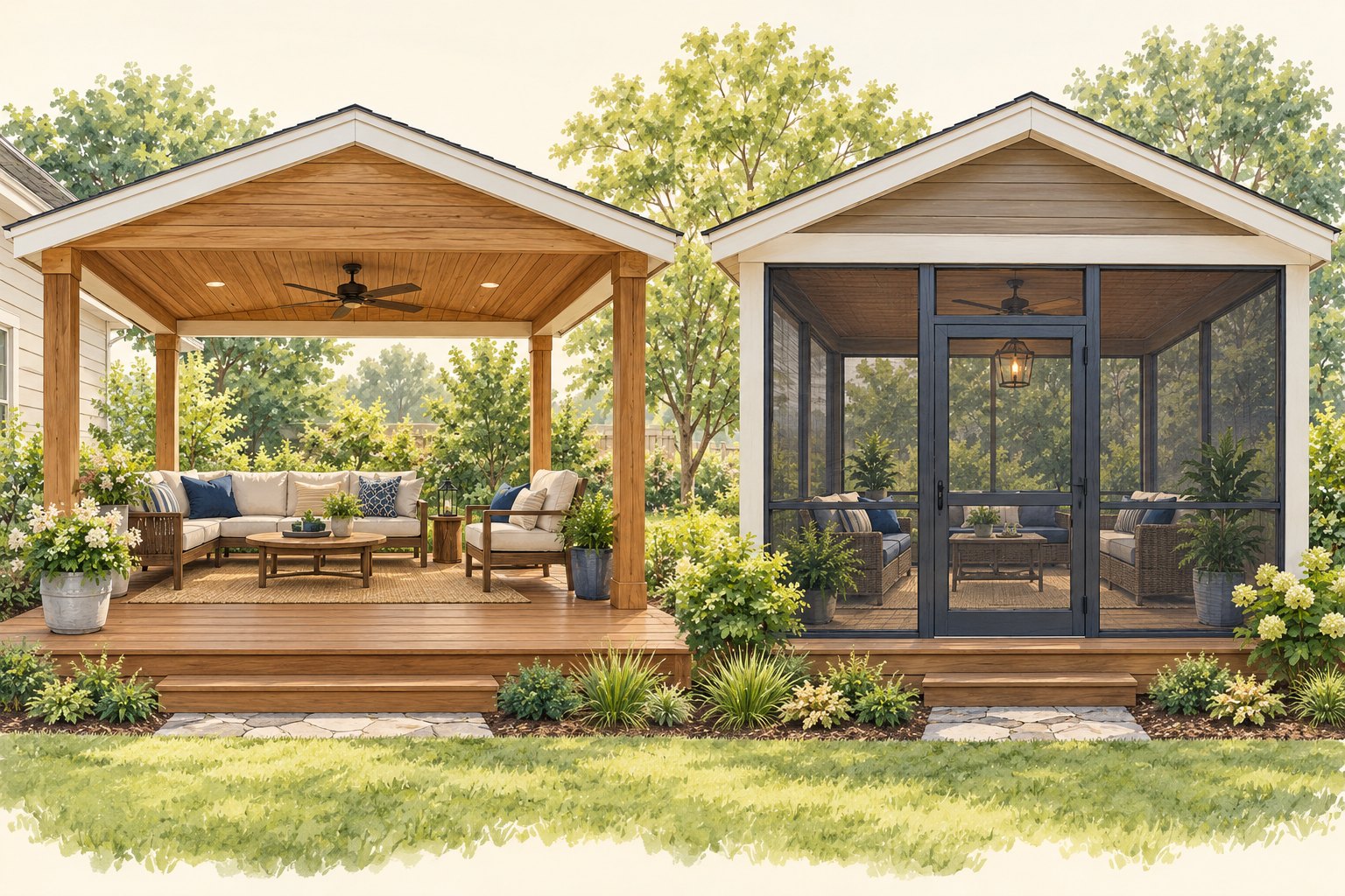 Illustration comparing an open-sided covered deck with a screened porch