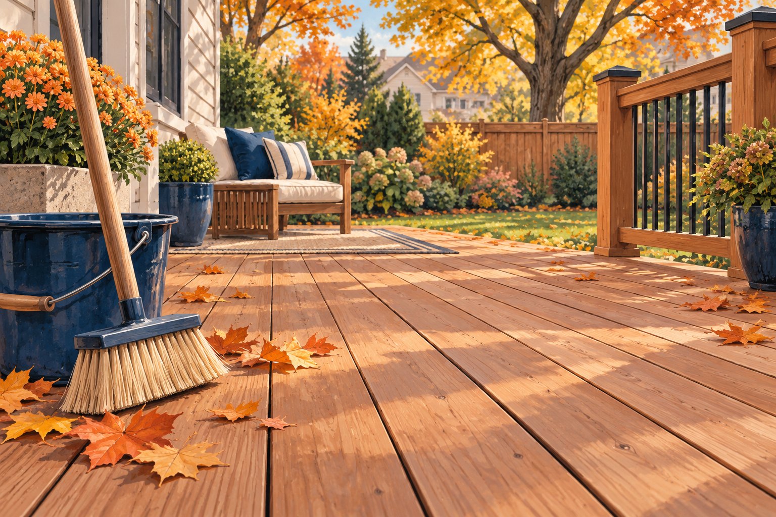 Illustration of a broom, bucket and fallen leaves on a wood deck in autumn