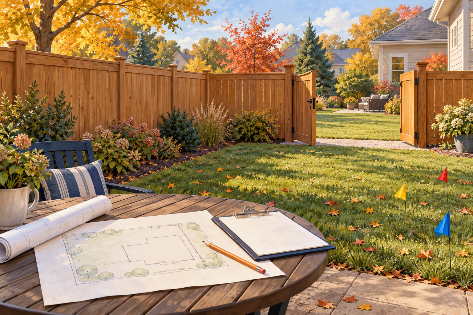 Illustration of a backyard access gate, site-plan papers and utility marking flags