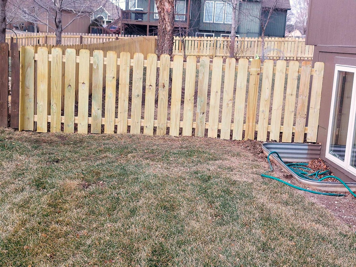 New cedar picket fence running along a property line.